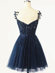 Short Dark Navy Blue Lace Prom Dresses, Dark Blue Lace Formal Homecoming Dresses