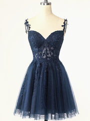 Short Dark Navy Blue Lace Prom Dresses, Dark Blue Lace Formal Homecoming Dresses