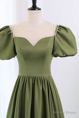 Short Sleeves Scoop Neck Dark Green Satin Prom Dresses, Short Sleeves Green Formal Evening Dresses