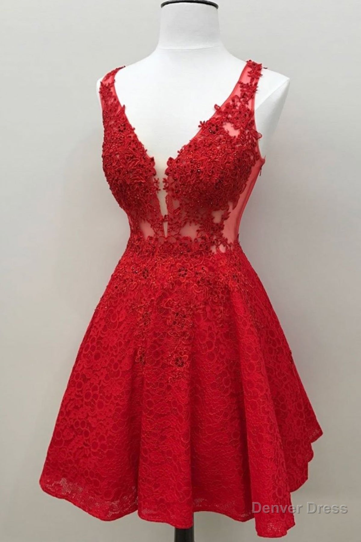 Short V Neck Lace Prom Dresses, Short Red V Neck Lace Homecoming Graduation Dresses