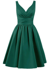 Short V-neck Satin Knee Length With Pleats Bridesmaid Dresses