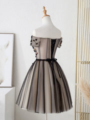 Cute Tulle Short Prom Dresses with Flowers, Black Tulle Party Dresses