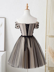 Cute Tulle Short Prom Dresses with Flowers, Black Tulle Party Dresses