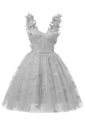 Silver 3D Butterfly Lace Applique Tulle Homecoming Dress for Teens Sweetheart Mini Short Prom Dresses