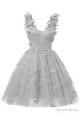 Silver 3D Butterfly Lace Applique Tulle Homecoming Dress for Teens Sweetheart Mini Short Prom Dresses