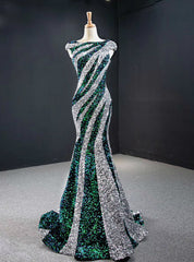 Silver And Green Mermaid Sequins Cap Sleeve Prom Dresses