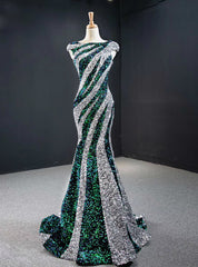 Silver And Green Mermaid Sequins Cap Sleeve Prom Dress