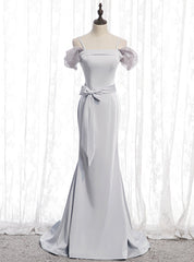 Silver Gray Mermaid Satin Spagehtti Straps Prom Dresses With Sash