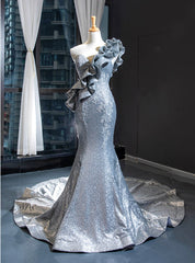 Silver Gray Mermaid Sequins Sleeveless Ruffles Appliques Prom Dresses