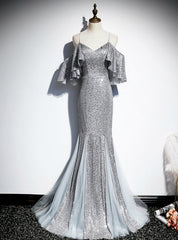 Silver Gray Mermaid Sequins Spaghetti Straps Prom Dresses