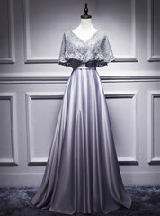 Silver Gray Satin Lace V-neck Bat Pearls Prom Dress