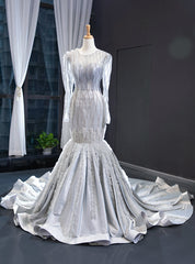 Silver Gray Satin Tulle Long Sleeve Backless Luxury Prom Dresses