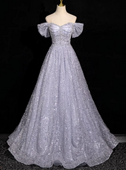 Silver Gray Sequins Off the Shoulder Beading Prom Dresses