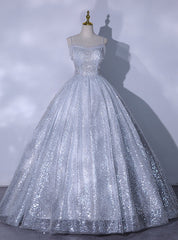 Silver Gray Sequins Straps Quinceanera Dresses