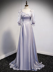 Silver Gray Square Short Sleeve Long Prom Dresses