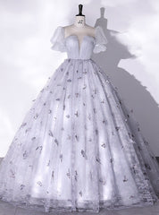 Silver Gray Tulle Butterfly Puff Sleeve Quinceanera Dresses