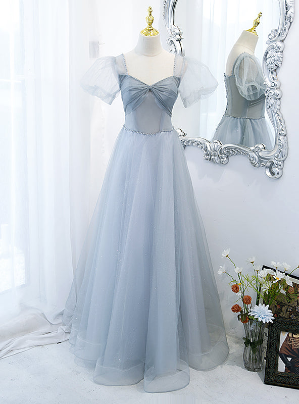 Silver Gray Tulle Sequins Beading Prom Dress