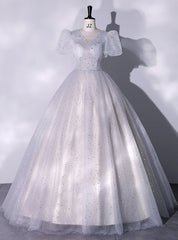 Silver Gray Tulle Sequins Puff Sleeve Quinceanera Dresses