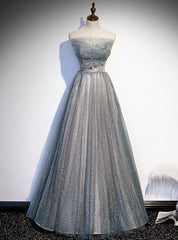 Silver Gray Tulle Sequins Strapless Beading Prom Dresses