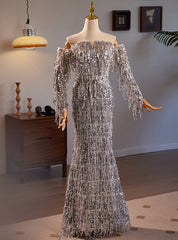 Silver Mermaid Tassel Sequins Long Sleeve Prom Dress