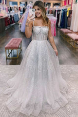 Silver Ombre Sequins Princess Straps A-Line Prom Gown