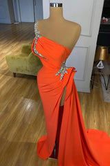 Silver Sequined One-shoulder Orange High-split Prom Dresses