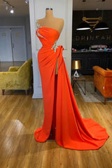 Silver Sequined One-shoulder Orange High-split Prom Dresses