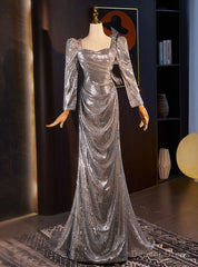 Silver Sequins Long Sleeve Pleats Prom Dress