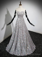 Silver Sequins Strapless Beading Prom Dress