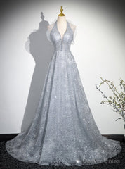 Silver Sequins V-neck Beading Prom Dress