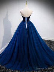 Simple A Line Blue Tulle Long Prom Dress, Blue Tulle Formal Dress