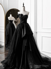 Simple A-Line Satin Black Long Prom Dress, Black Long Evening Dress