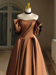 Simple A-Line  Satin Brown Long Prom Dresses, Brown Long Formal Dresses