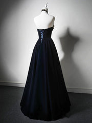 Simple A-Line Velvet Dark Blue Long Prom Dresses with Beads