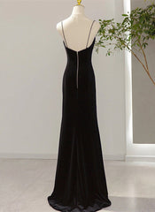 Simple Black Low Back Long Prom Dresses, Black Floor Length Party Dresses