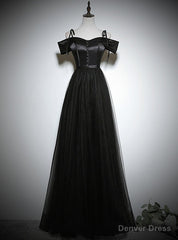 Simple Black Tulle Satin Spaghetti Straps Button Prom Dress