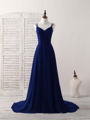 Simple Blue Chiffon Long Prom Dress Backless Blue Evening Dress