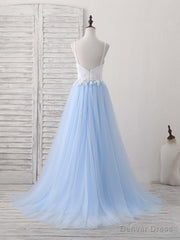 Simple Blue Tulle Long Prom Dress, Blue Tulle Evening Dress