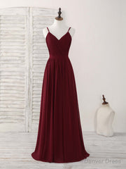 Simple Burgundy Chiffon Long Prom Dress, Burgundy Evening Dress