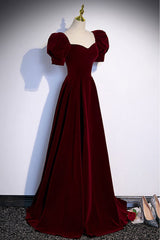 Simple Burgundy Long Velvet Prom Dresses with Short Sleeves