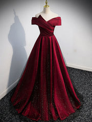 Simple Burgundy Satin Long Prom Dresses, Burgundy Evening Dresses