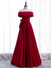 Simple Burgundy Satin Off the Shoulder Bow Prom Dresses