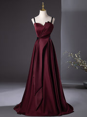 Simple Burgundy Satin Spaghetti Straps Pleats Prom Dress