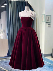 Simple burgundy tea length prom Dresses, burgundy homecoming Dresses