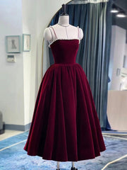 Simple burgundy tea length prom Dresses, burgundy homecoming Dresses