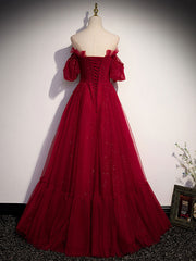 Simple Burgundy Tulle Long Prom Dresses, A line Burgundy Evening Dresses