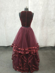 Simple Burgundy Two Pieces Tulle Long Prom Dresses, Burgundy Evening Dresses