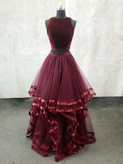 Simple Burgundy Two Pieces Tulle Long Prom Dresses, Burgundy Evening Dresses