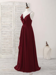 Simple Burgundy V Neck Chiffon Long Prom Dresses, Bridesmaid Dresses