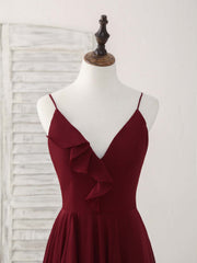 Simple Burgundy V Neck Chiffon Long Prom Dresses, Bridesmaid Dresses